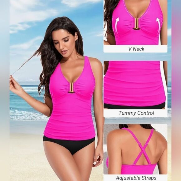 ⏭️NWT Neon Pink & Gold U-Buckle Adjustable Tankini Swim Top Medium - Picture 3 of 13